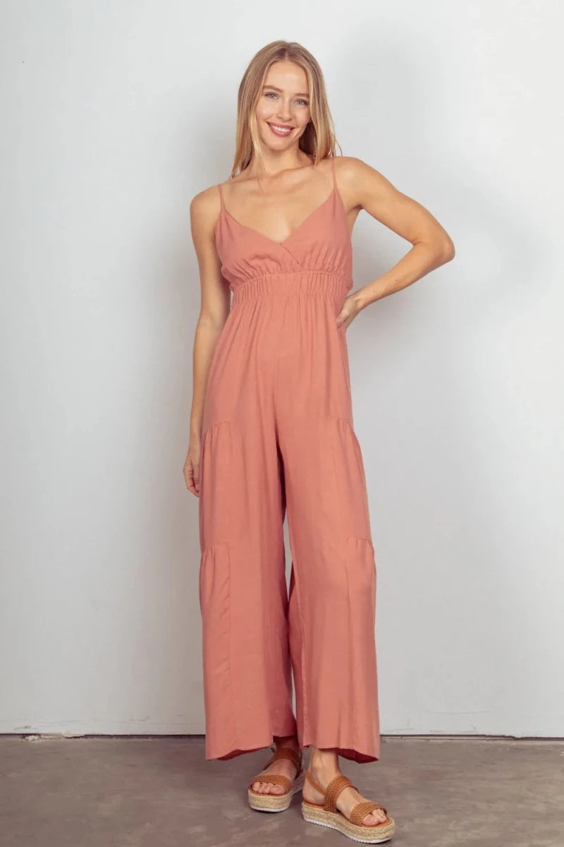 Sleeveless Ruched Wide Leg Jumpsuit - 
