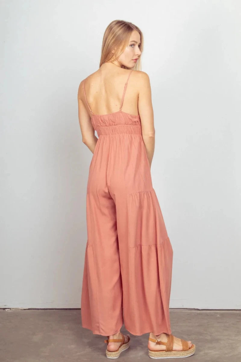 Sleeveless Ruched Wide Leg Jumpsuit - 