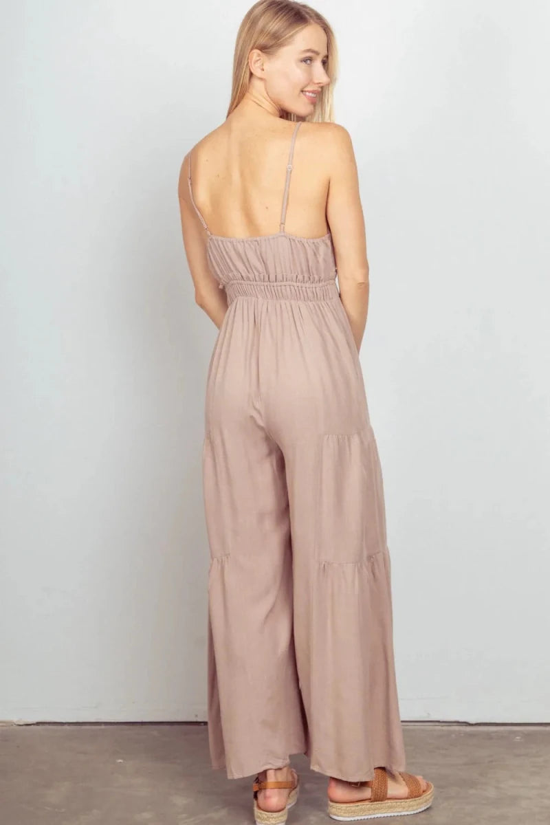 Sleeveless Ruched Wide Leg Jumpsuit - 