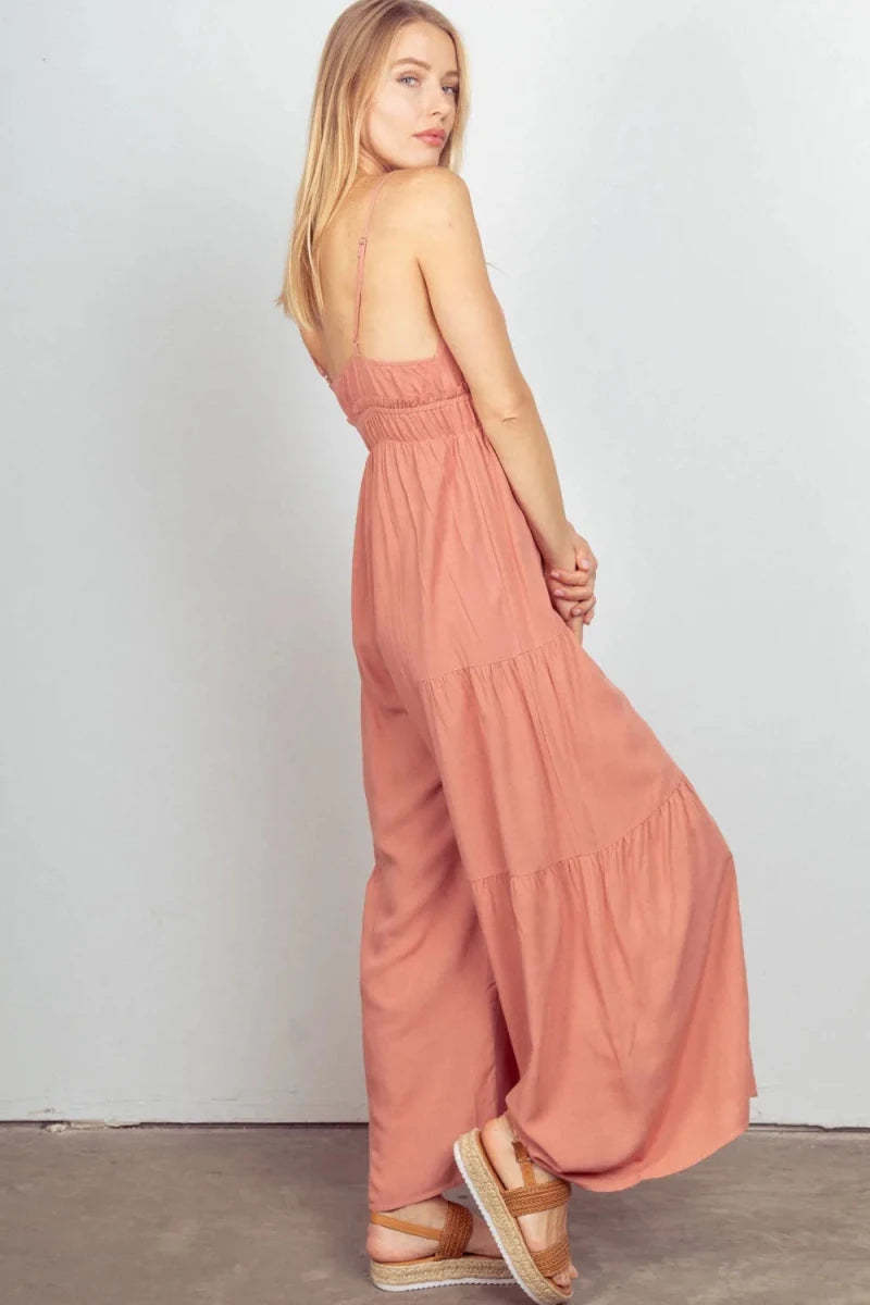 Sleeveless Ruched Wide Leg Jumpsuit - 