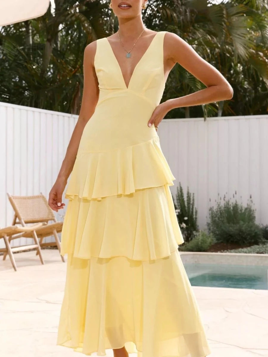 Sleeveless Ruffled Backless Maxi Dress - 