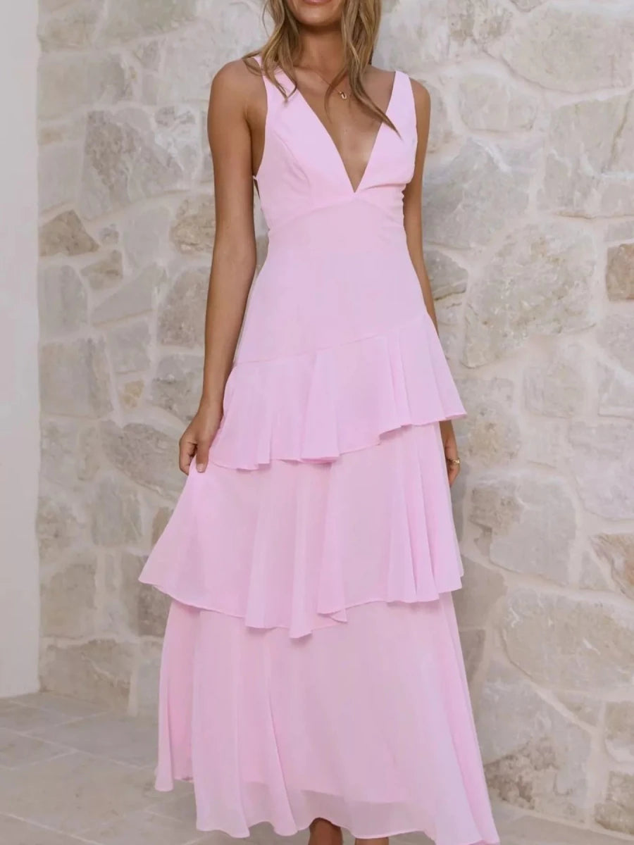 Sleeveless Ruffled Backless Maxi Dress - 
