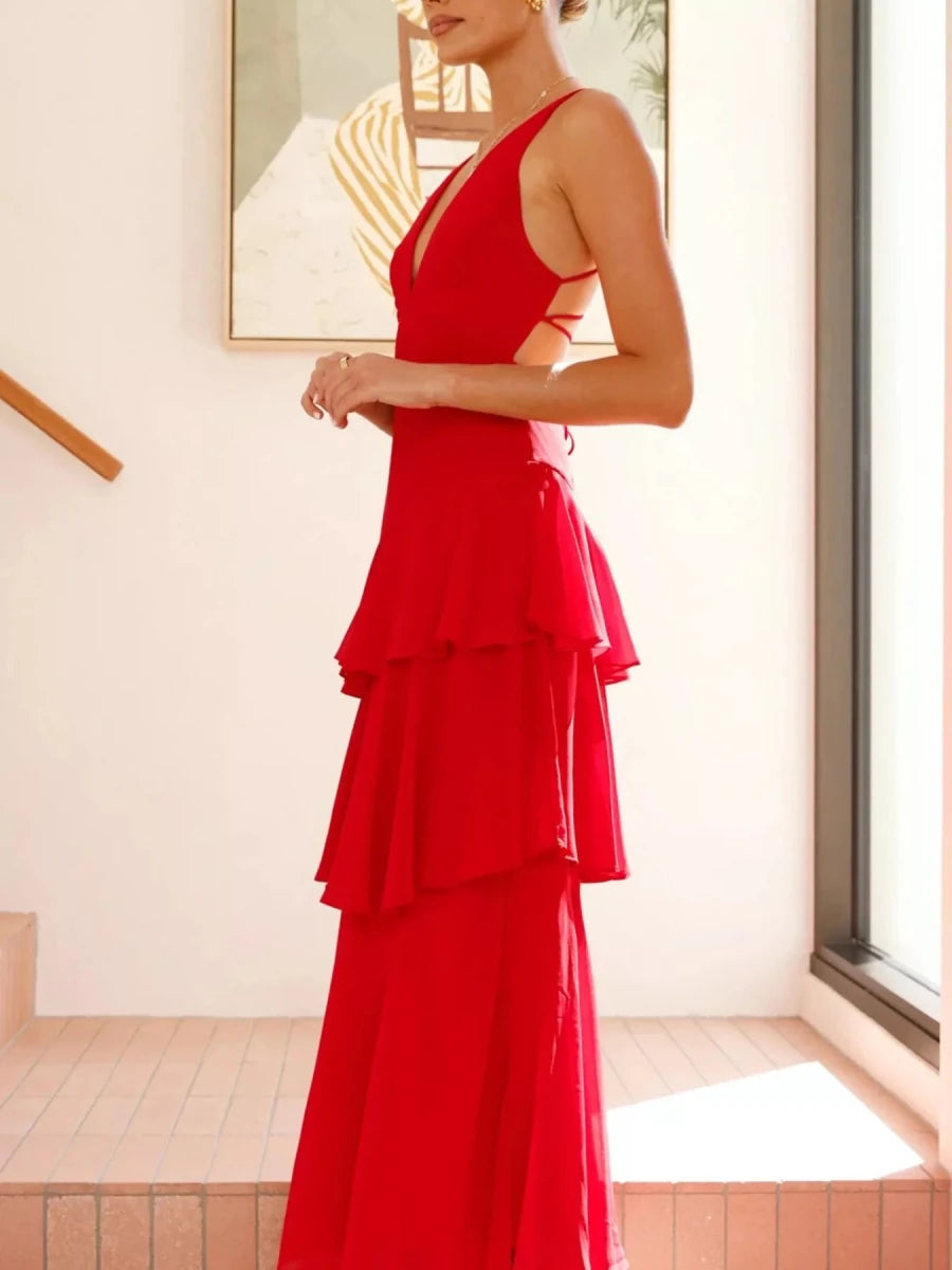 Sleeveless Ruffled Backless Maxi Dress - 