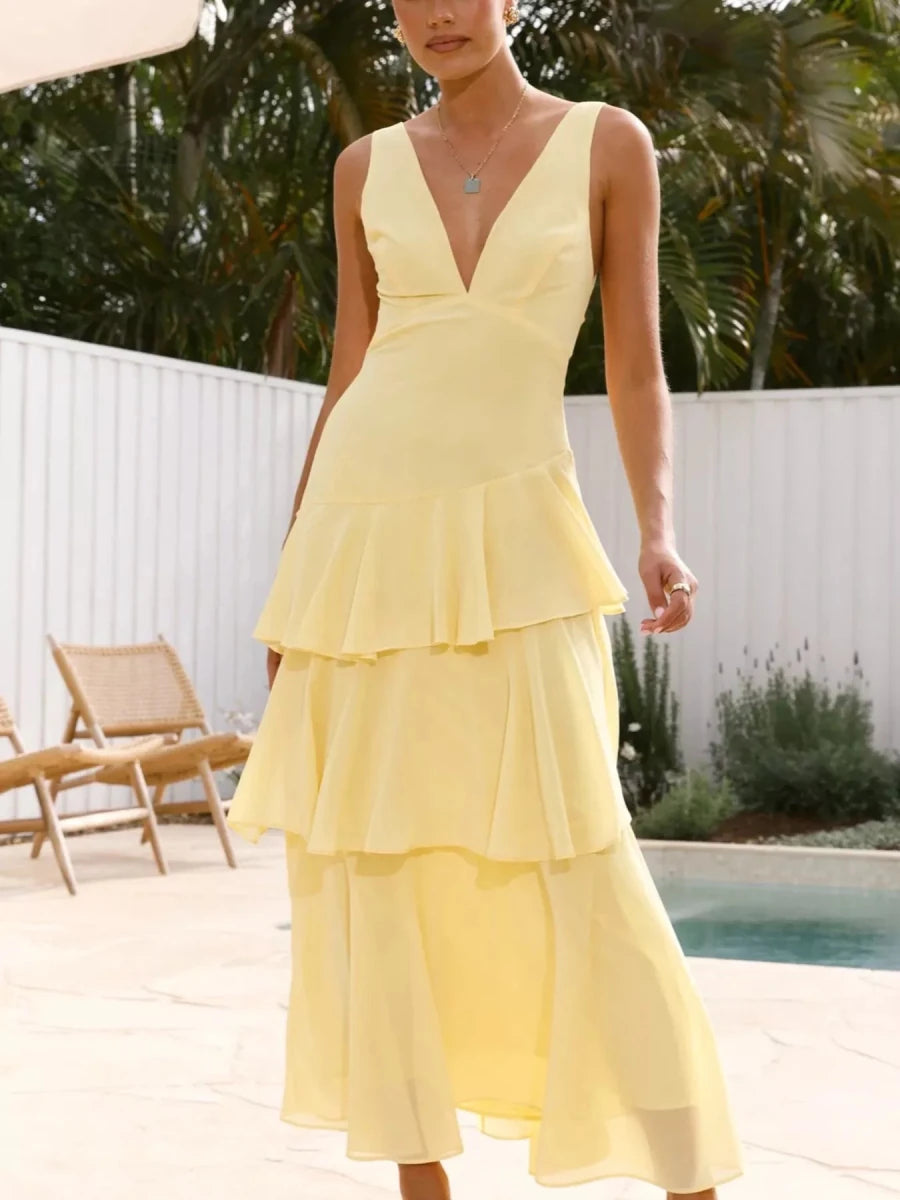 Sleeveless Ruffled Backless Maxi Dress - 
