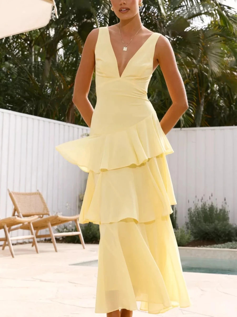 Sleeveless Ruffled Backless Maxi Dress - 