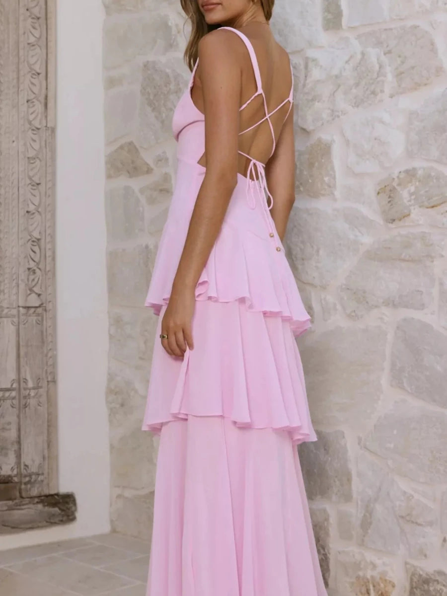 Sleeveless Ruffled Backless Maxi Dress - 