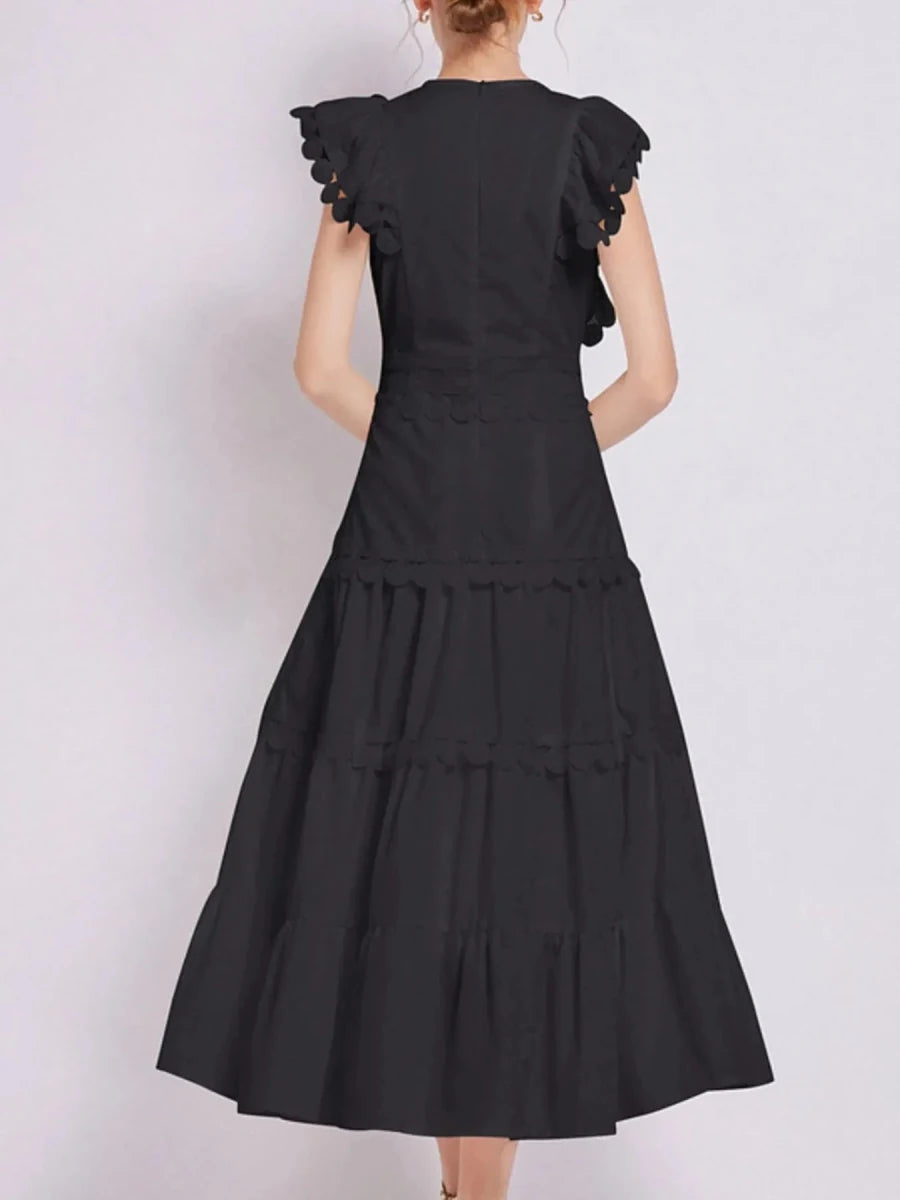 Sleeveless Ruffled Tiered Dress with Trim - 
