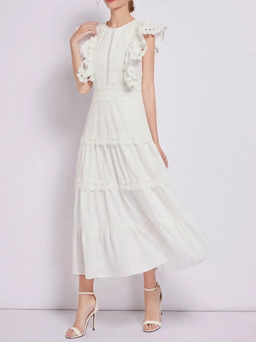 Sleeveless Ruffled Tiered Dress with Trim - 