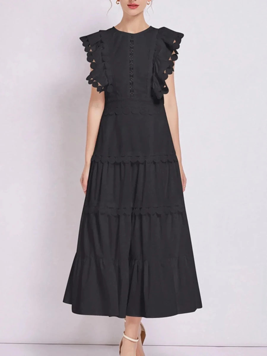 Sleeveless Ruffled Tiered Dress with Trim - 