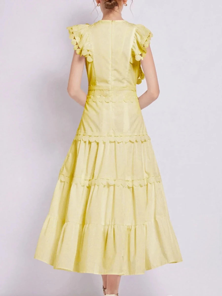 Sleeveless Ruffled Tiered Dress with Trim - 