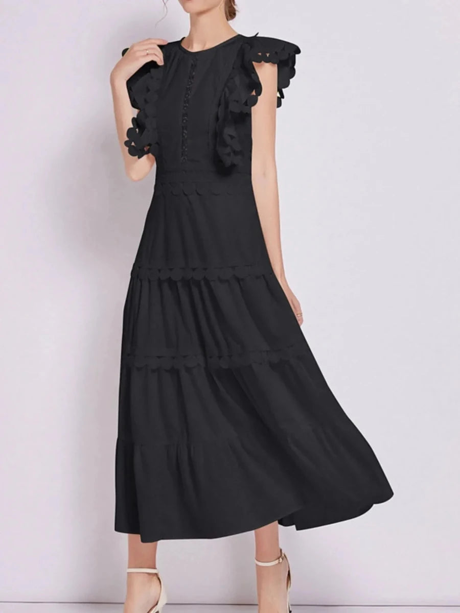 Sleeveless Ruffled Tiered Dress with Trim - 