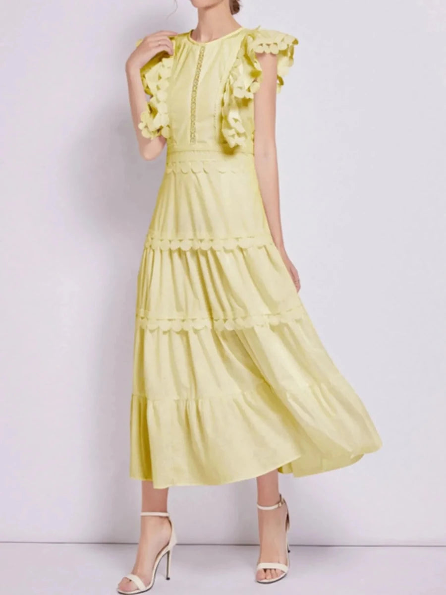 Sleeveless Ruffled Tiered Dress with Trim - 
