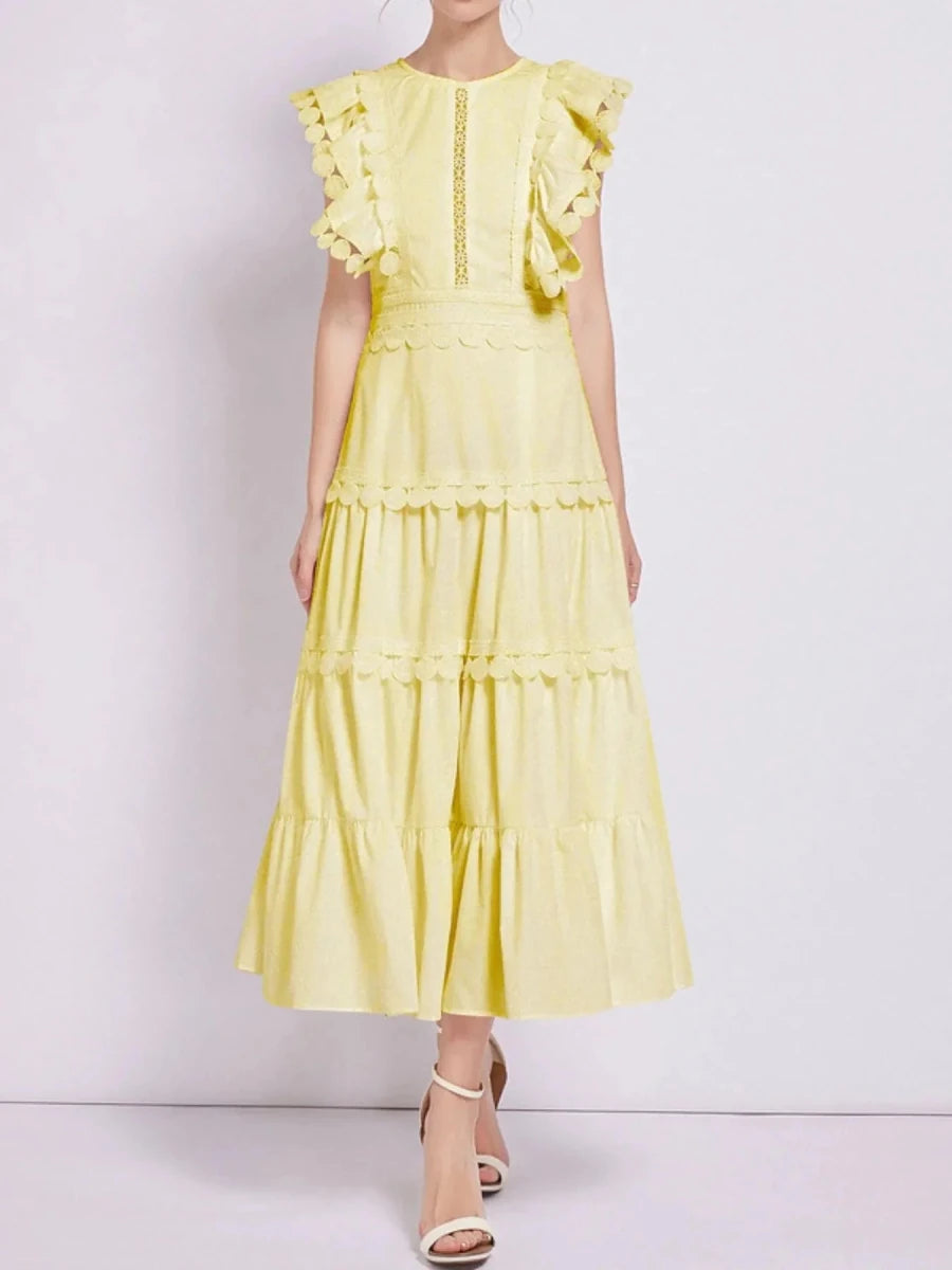 Sleeveless Ruffled Tiered Dress with Trim - 