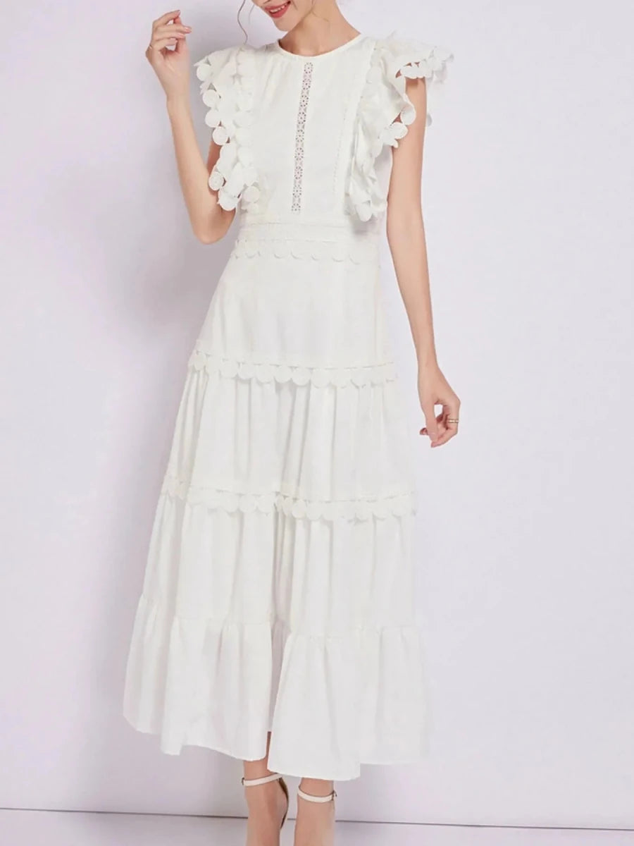Sleeveless Ruffled Tiered Dress with Trim - 
