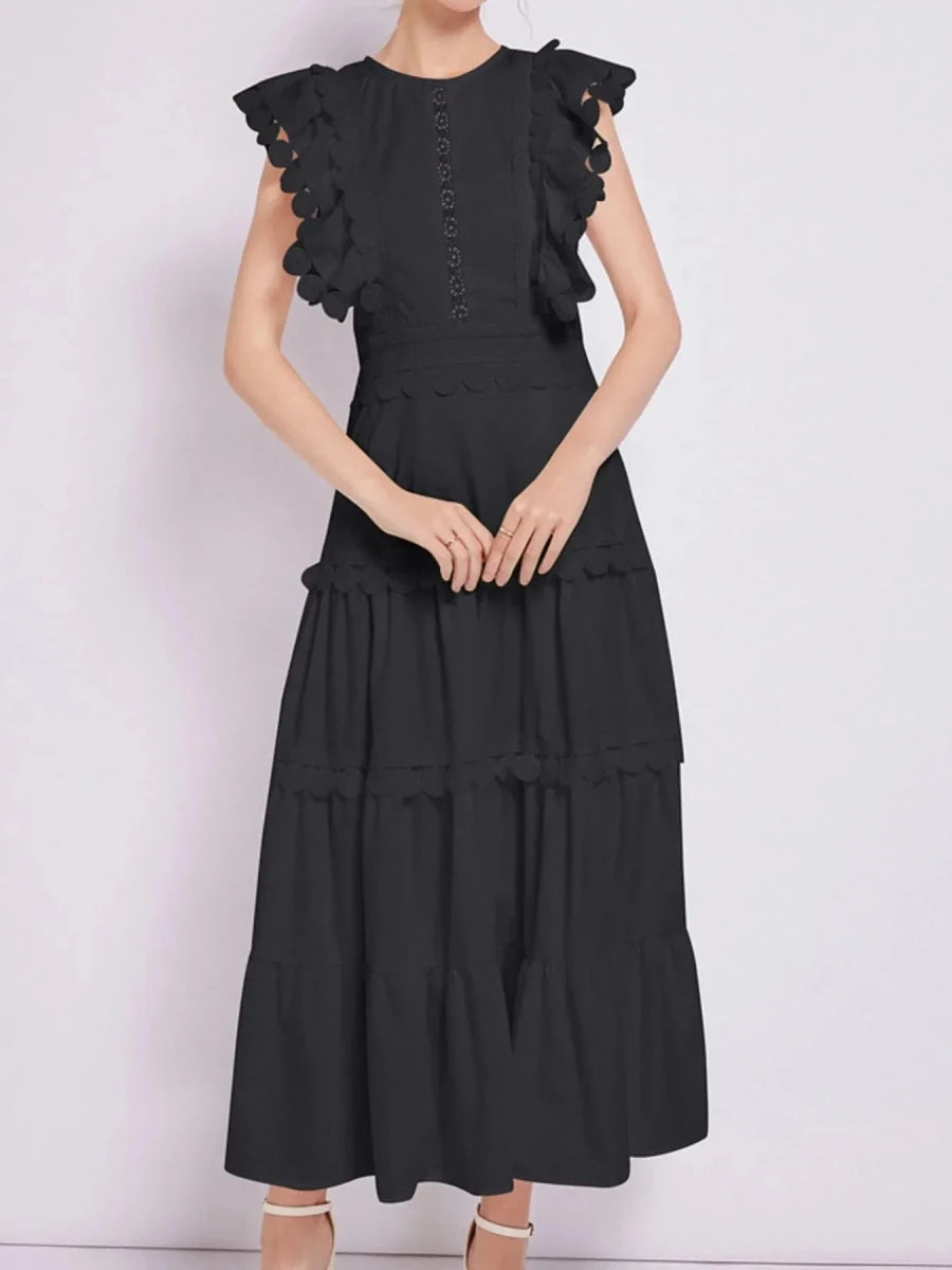 Sleeveless Ruffled Tiered Dress with Trim - 