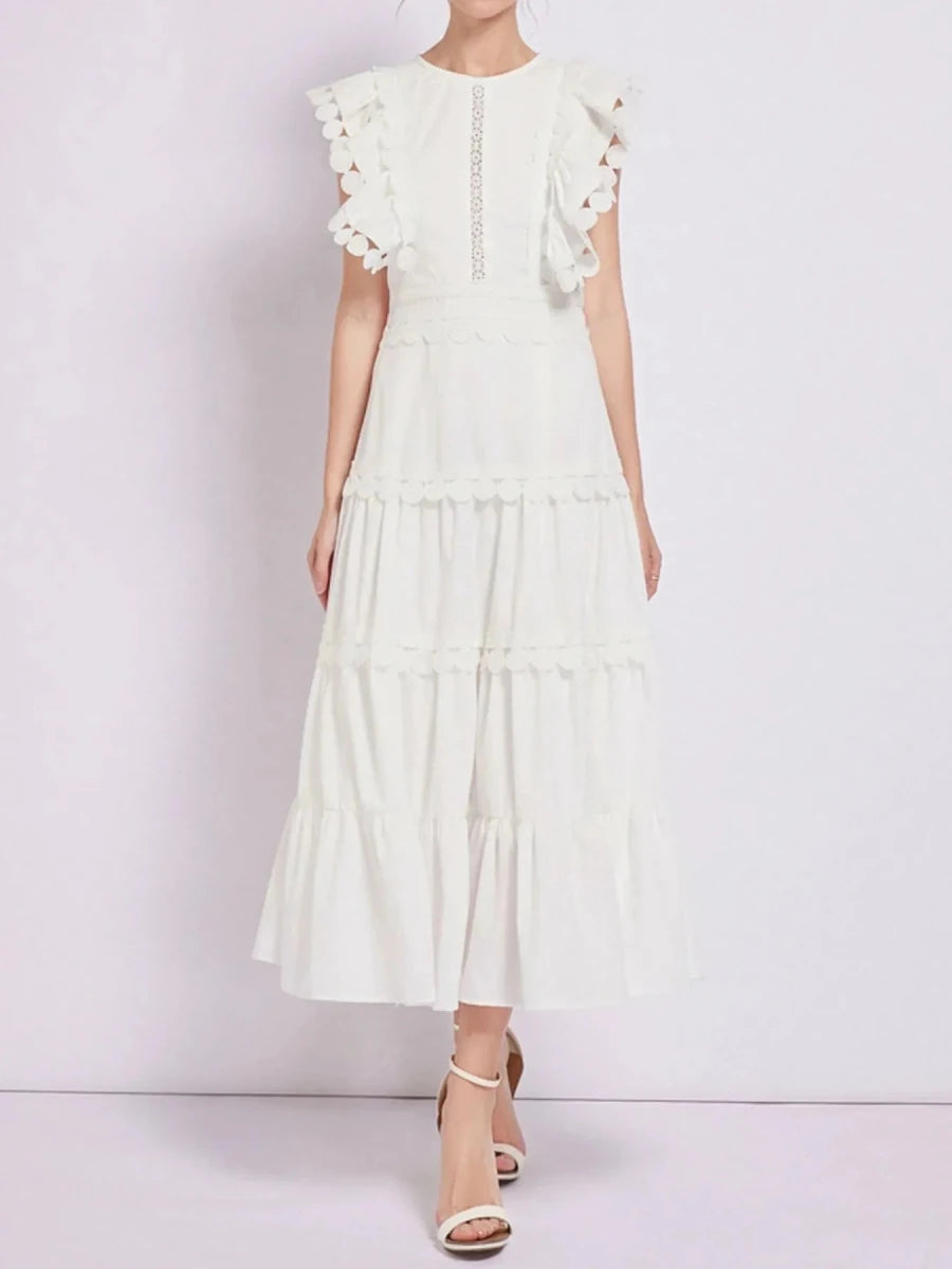 Sleeveless Ruffled Tiered Dress with Trim - 