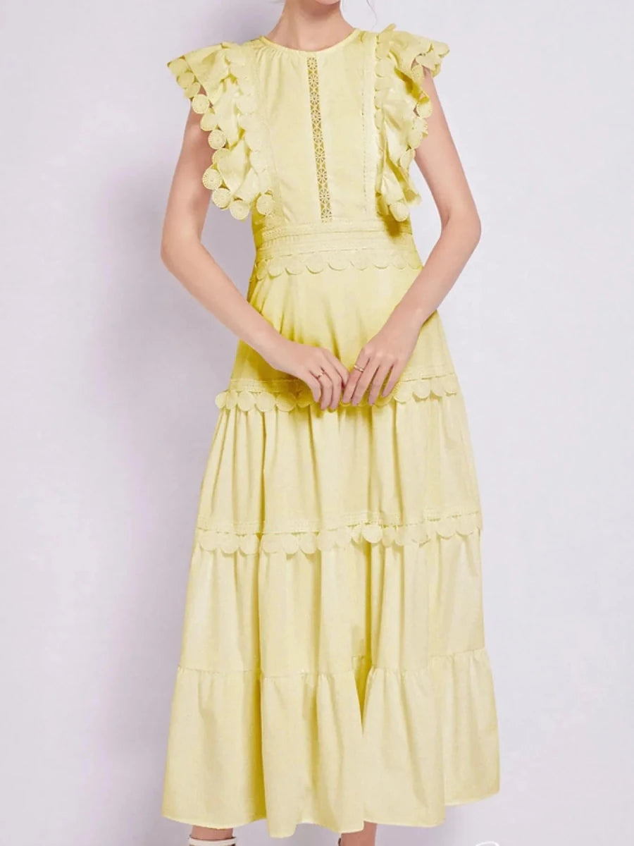 Sleeveless Ruffled Tiered Dress with Trim - 