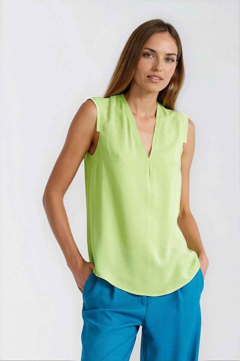 Sleeveless V - Neck Blouse in Cyber Lime Viscose - 
