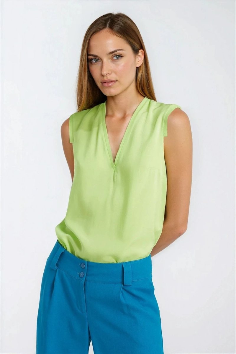 Sleeveless V - Neck Blouse in Cyber Lime Viscose - 
