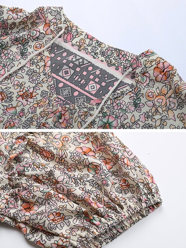 Slim Fit Fringed V - Neck Tie Floral Dress - Vacation Dress