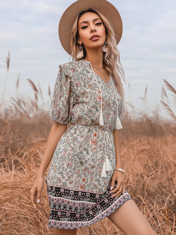 Slim Fit Fringed V - Neck Tie Floral Dress - Vacation Dress