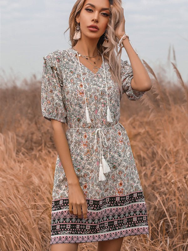 Slim Fit Fringed V - Neck Tie Floral Dress - Vacation Dress