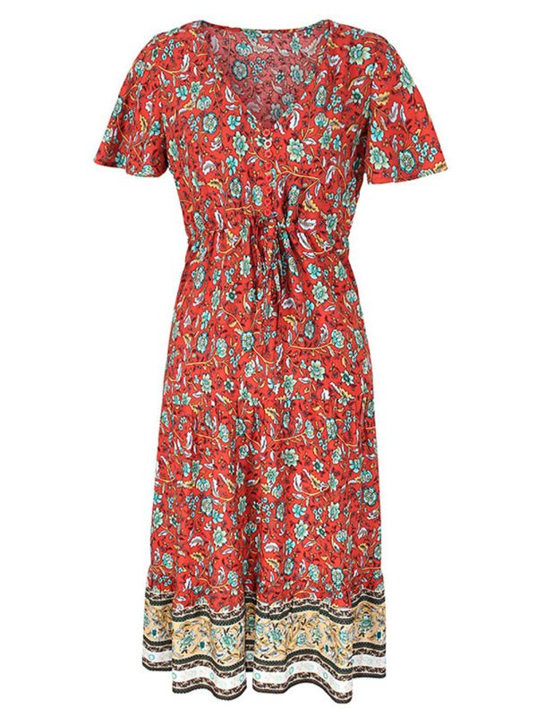 Slim - fit small floral print single - breasted mid - length V - neck short - sleeved dress - Day Dress