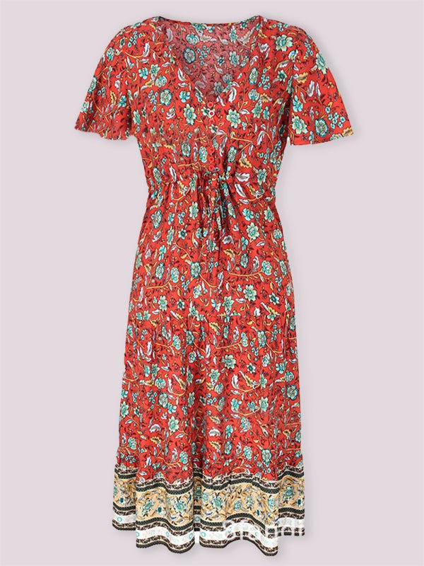 Slim - fit small floral print single - breasted mid - length V - neck short - sleeved dress - Day Dress