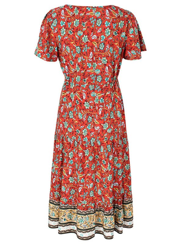 Slim - fit small floral print single - breasted mid - length V - neck short - sleeved dress - Day Dress