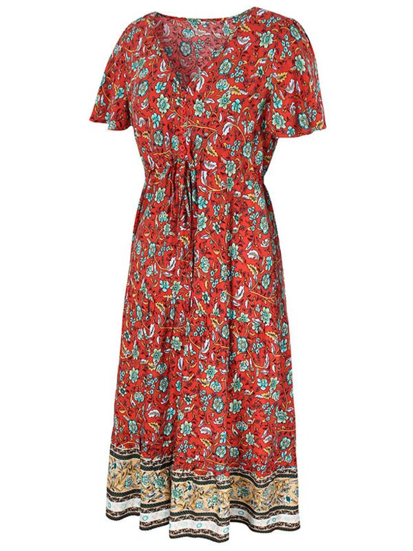 Slim - fit small floral print single - breasted mid - length V - neck short - sleeved dress - Day Dress