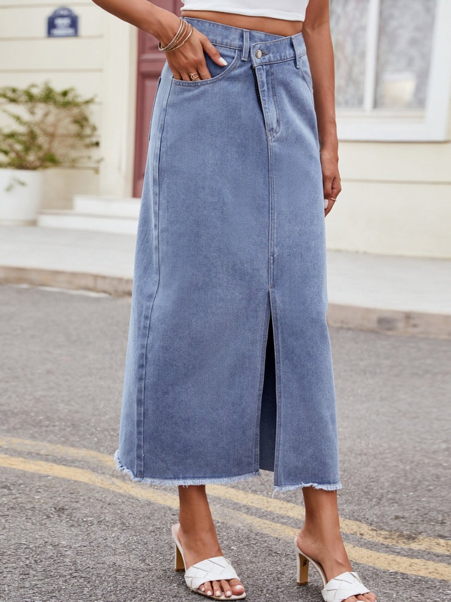 Slit Asymmetrical Waist Denim Skirt - Bottoms