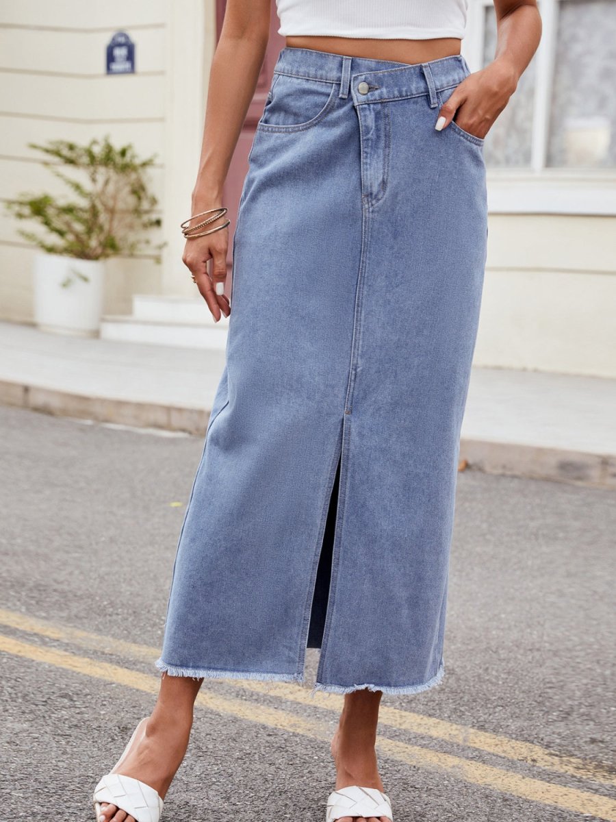 Slit Asymmetrical Waist Denim Skirt - Bottoms