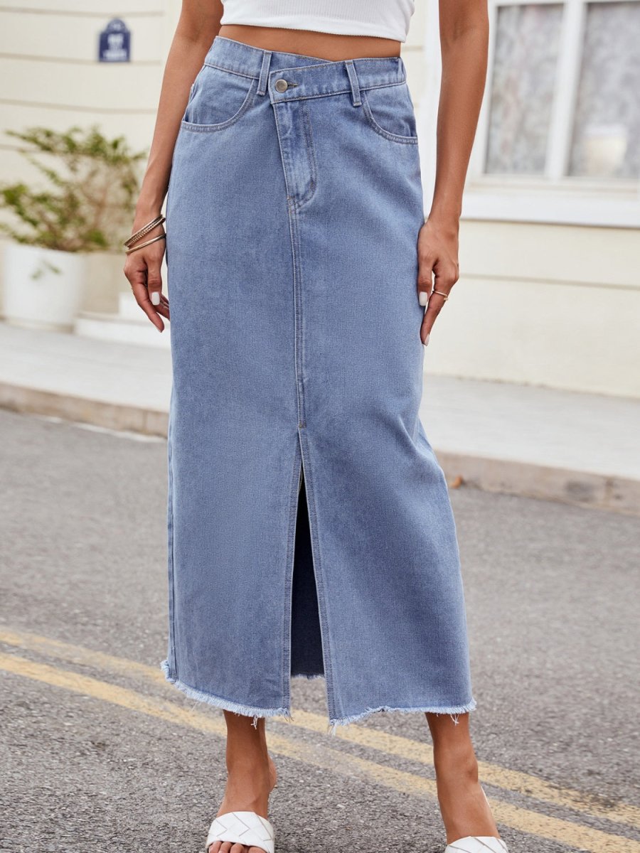 Slit Asymmetrical Waist Denim Skirt - Bottoms