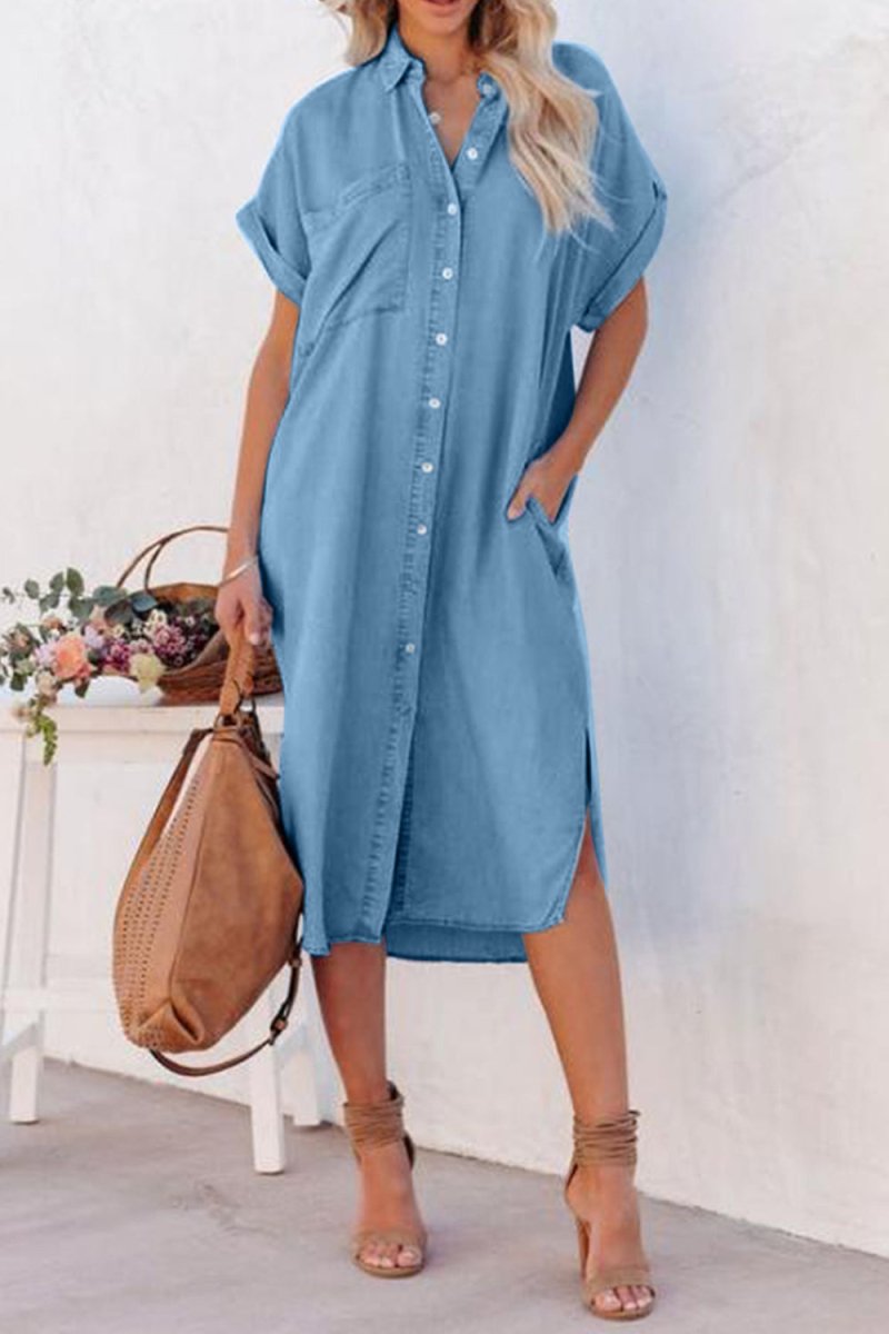 Slit Button Up Short Sleeve Imitation Denim Dress - Denim Dress