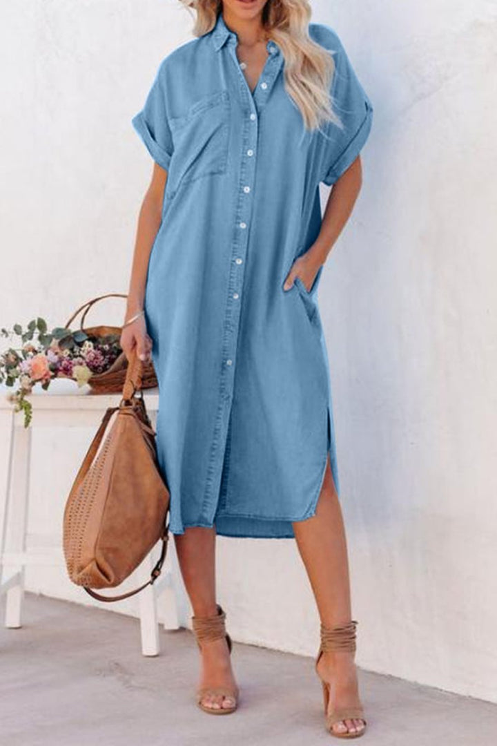 Slit Button Up Short Sleeve Imitation Denim Dress - Denim Dress