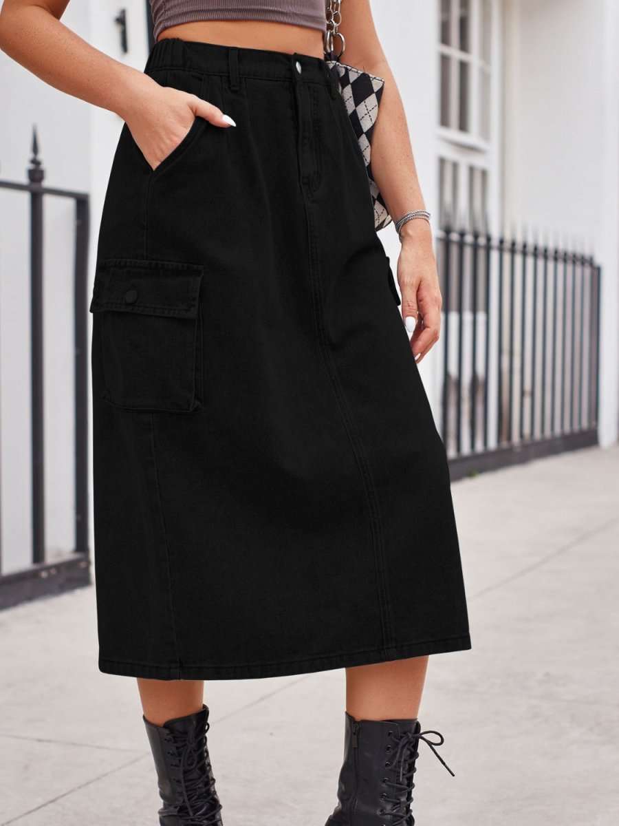 Slit Buttoned Denim Skirt with Pockets - Bottoms