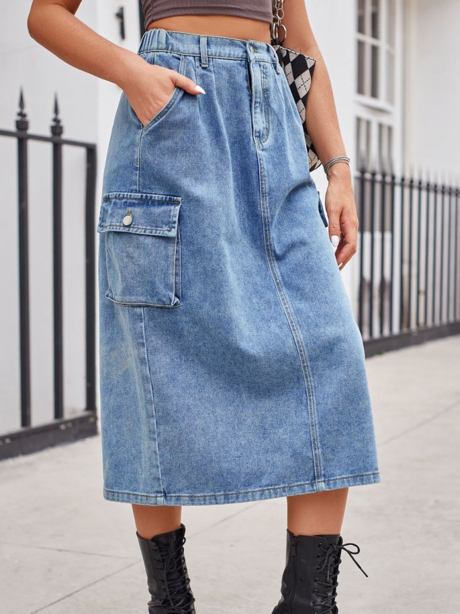 Slit Buttoned Denim Skirt with Pockets - Bottoms