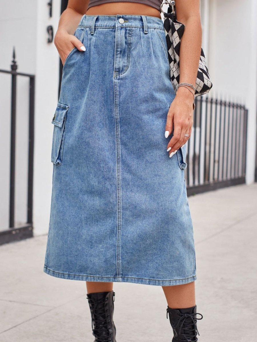 Slit Buttoned Denim Skirt with Pockets - Bottoms