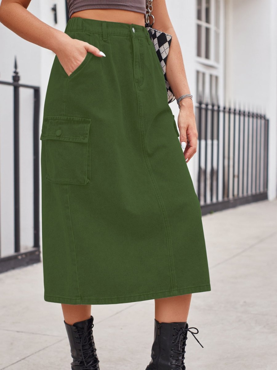 Slit Buttoned Denim Skirt with Pockets - Bottoms