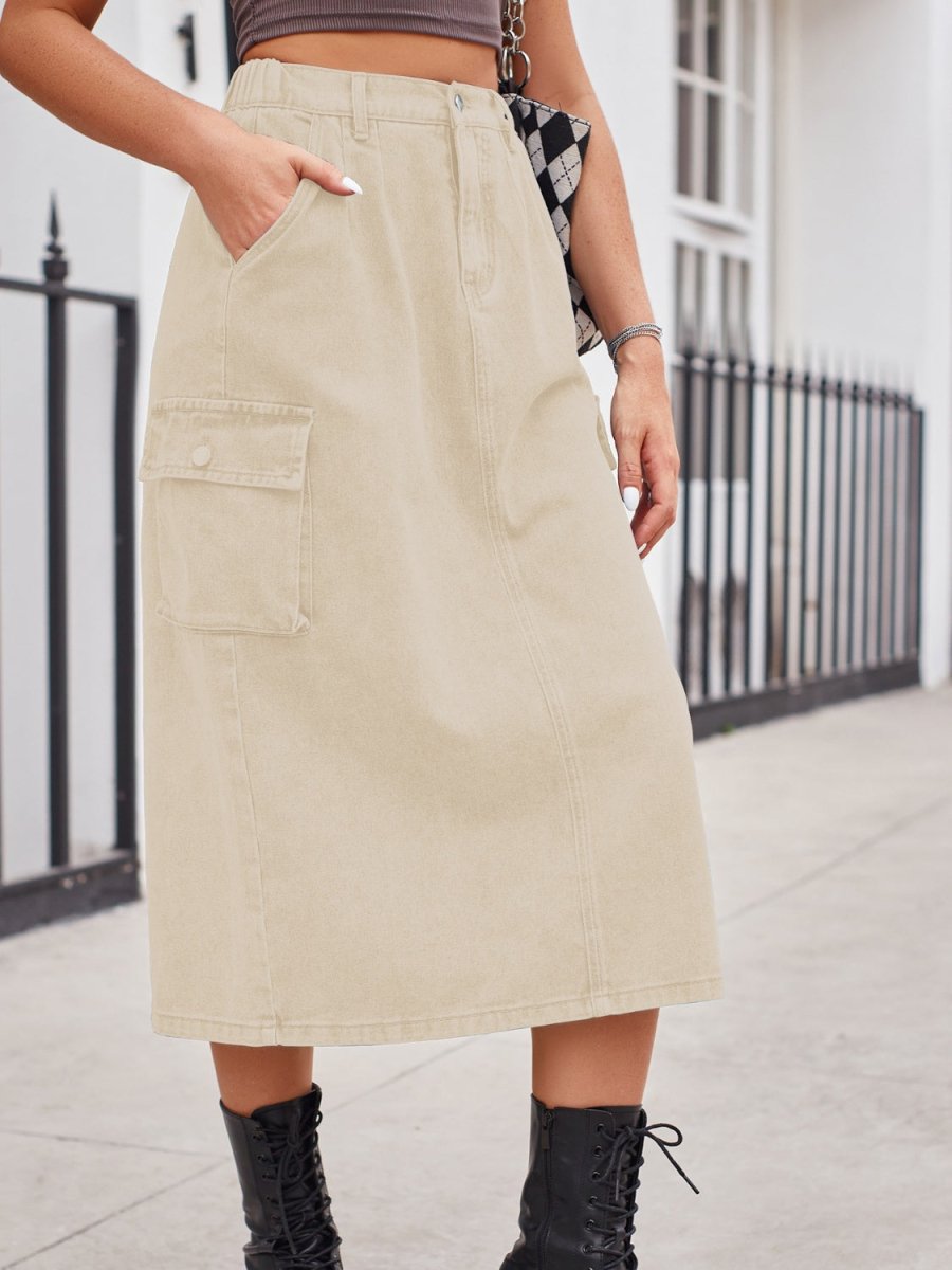 Slit Buttoned Denim Skirt with Pockets - Bottoms