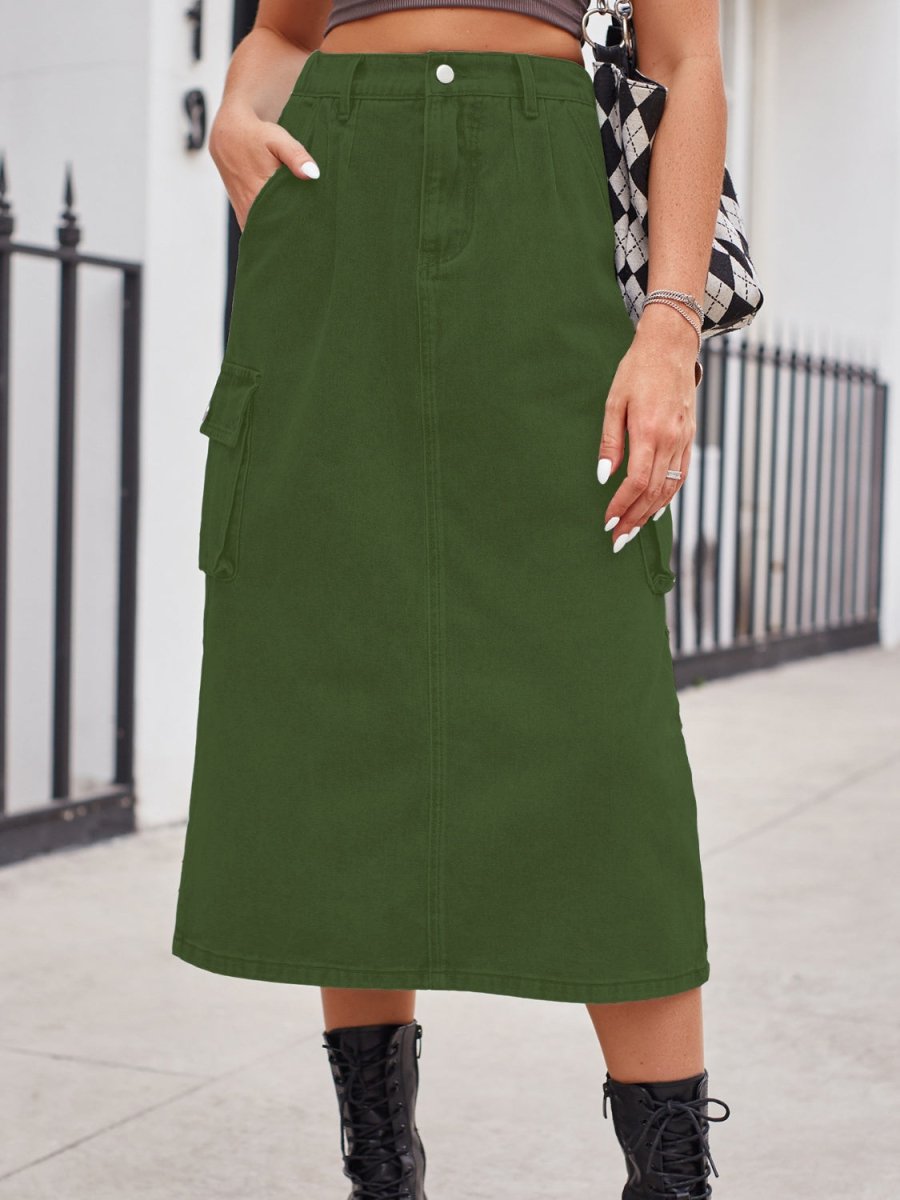 Slit Buttoned Denim Skirt with Pockets - Bottoms