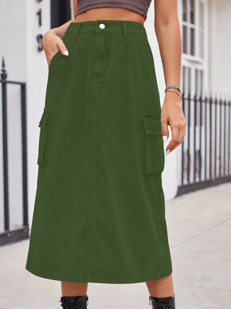 Slit Buttoned Denim Skirt with Pockets - Bottoms