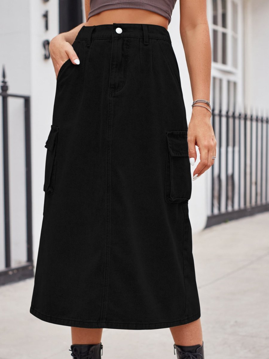 Slit Buttoned Denim Skirt with Pockets - Bottoms