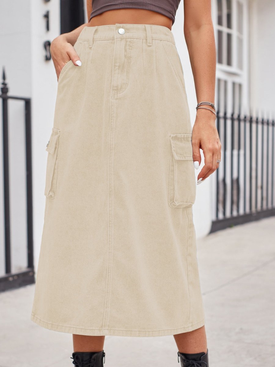 Slit Buttoned Denim Skirt with Pockets - Bottoms