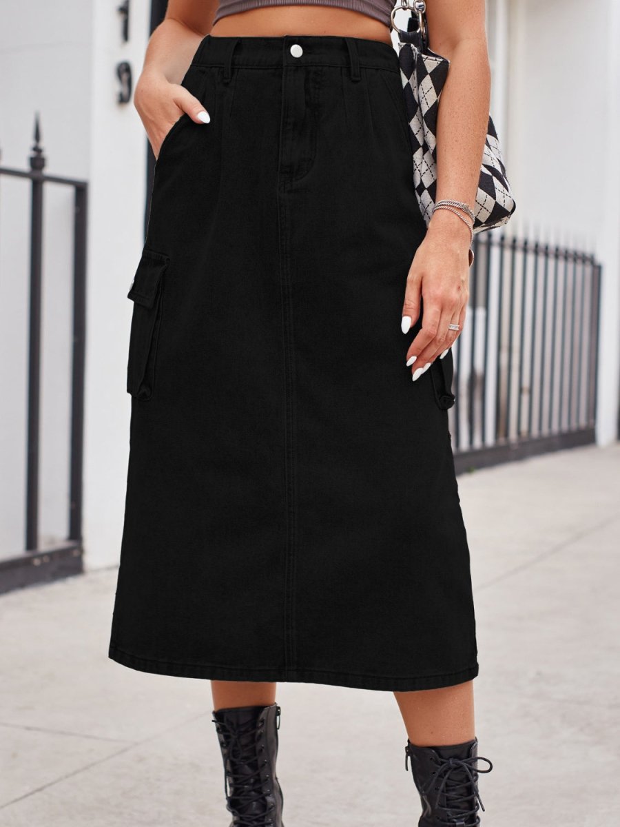 Slit Buttoned Denim Skirt with Pockets - Bottoms