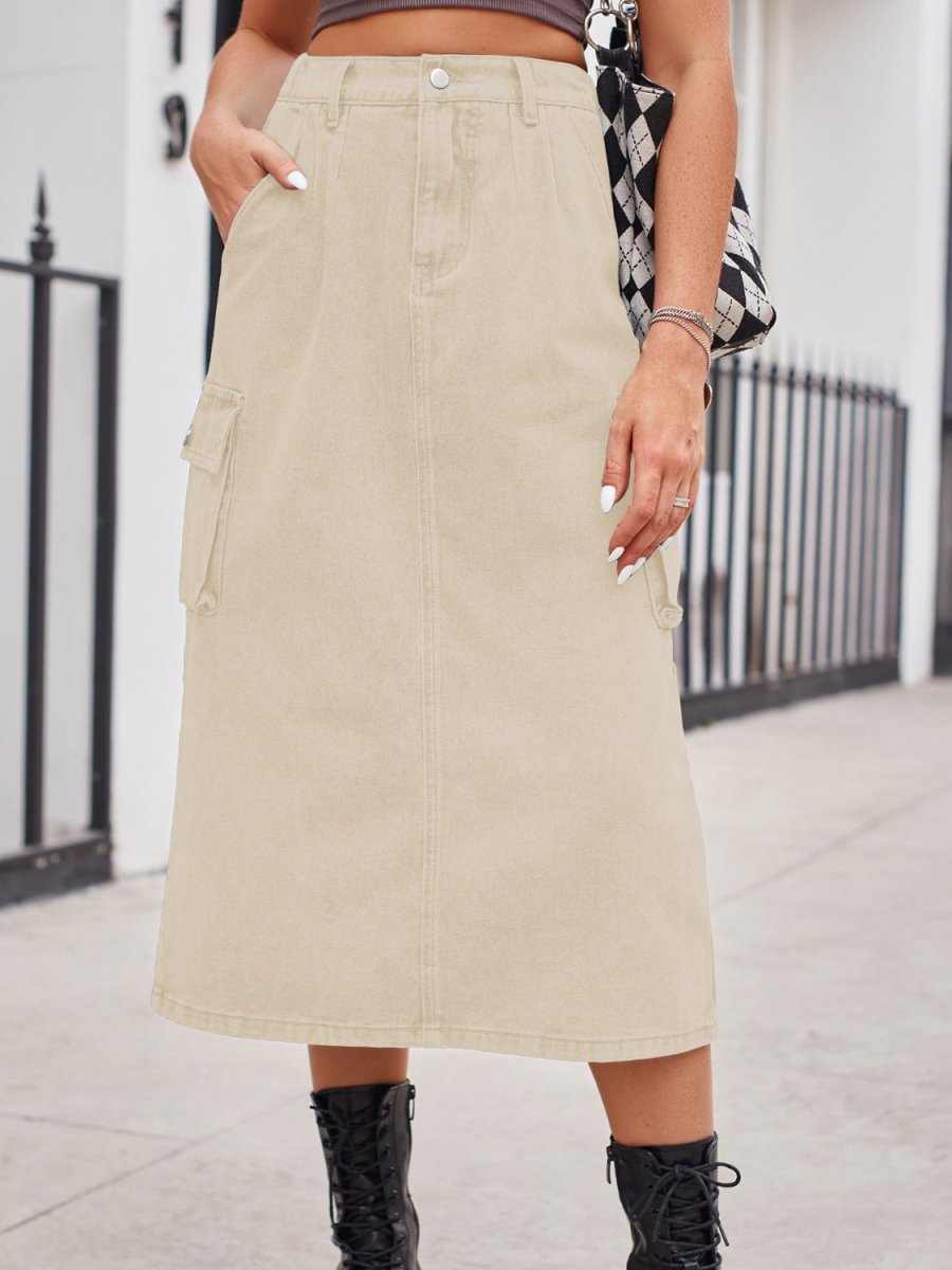 Slit Buttoned Denim Skirt with Pockets - Bottoms