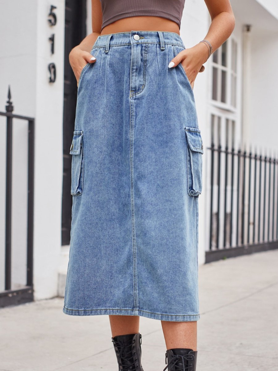 Slit Buttoned Denim Skirt with Pockets - Bottoms