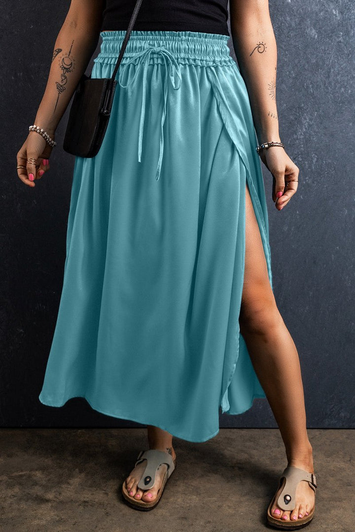 Slit Drawstring Elastic Waist Skirt - Bottoms