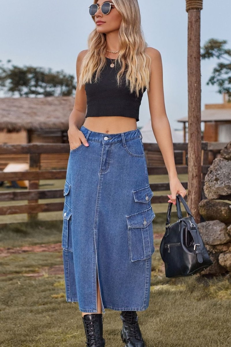 Slit Front Midi Denim Skirt with Pockets - Bottoms