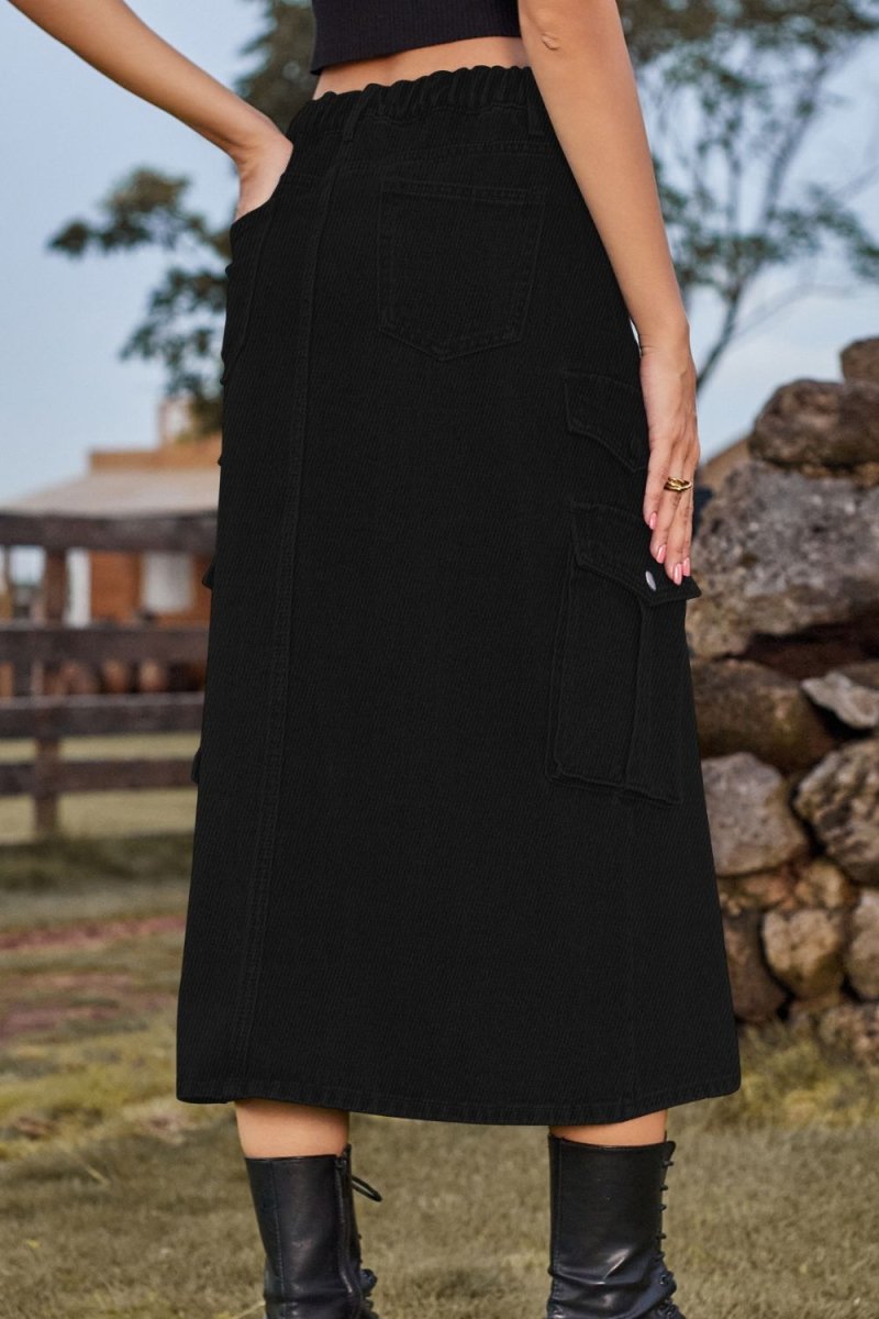 Slit Front Midi Denim Skirt with Pockets - Bottoms